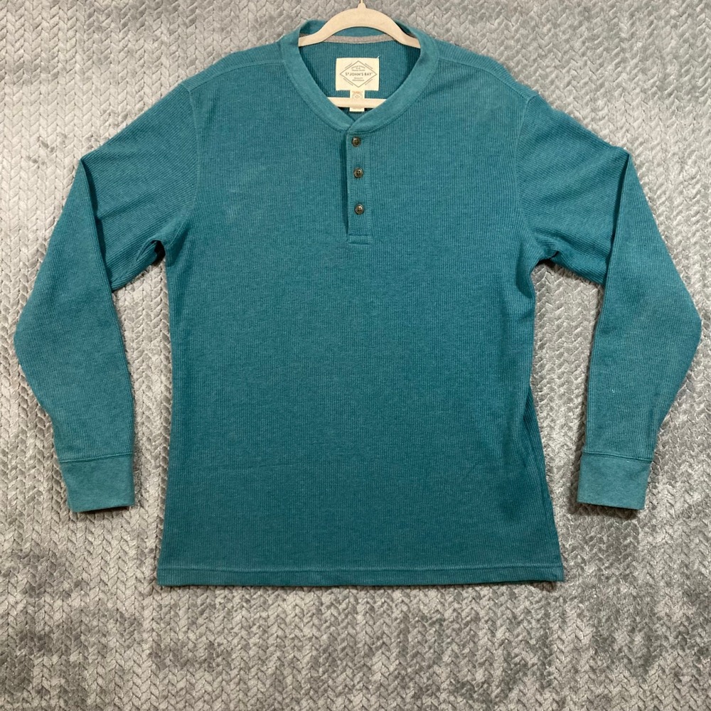 St. Johns Bay Shirt Mens L Henley Teal Waffle Knit Long Sleeve Y2K Fall Style